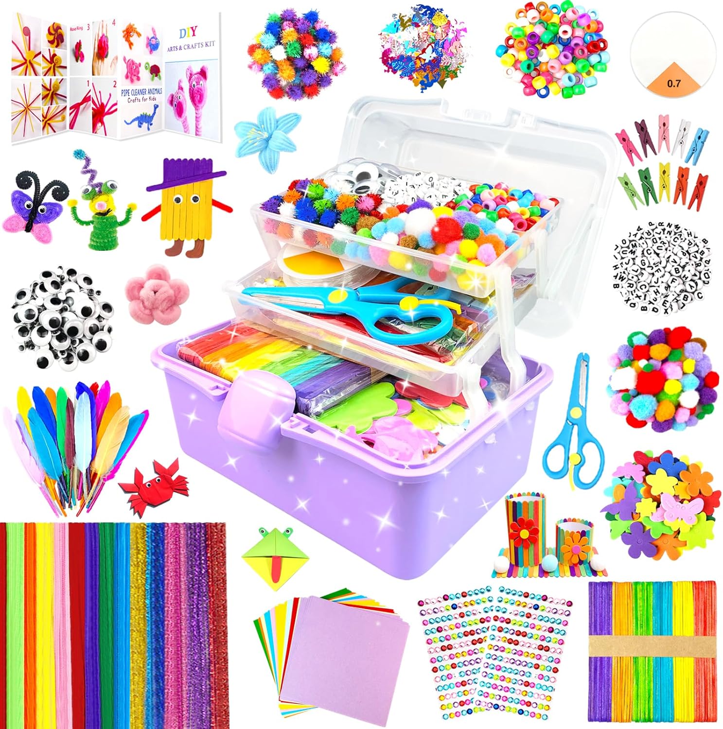 Detalle de 3000‑teiliges Bastelset Kinder Bastelkoffer – inkl. Pfeifenreiniger, Papier, Perlen und mehr, Lila