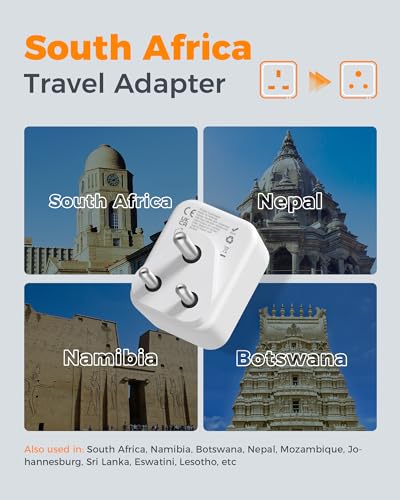 Detalle de TESSAN South African Plug Adapter with USB-C, 2 USB-A Ports and 1 Socket