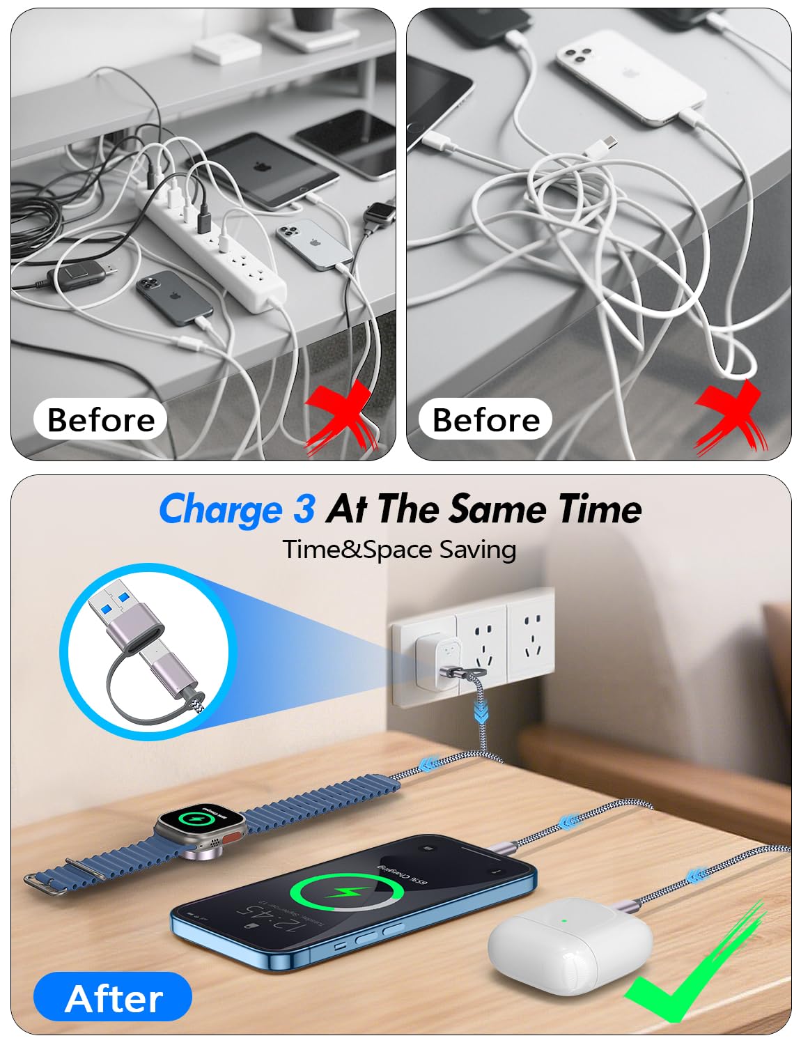 Detalle 2 de 2Pack Travel Essentials: xiwxi 3-in-2 Multi Charging Cable for Apple Watch & More