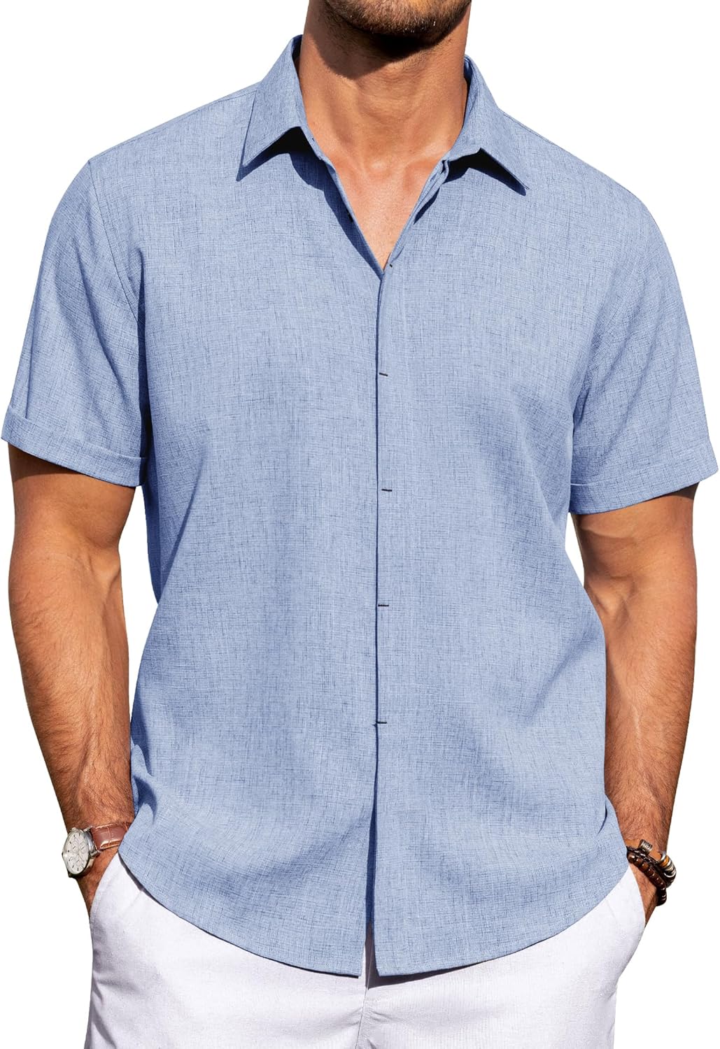 Detalle de J.VER Men’s Linen Blend Casual Short-Sleeve Button-Down Shirt for Summer & Beach