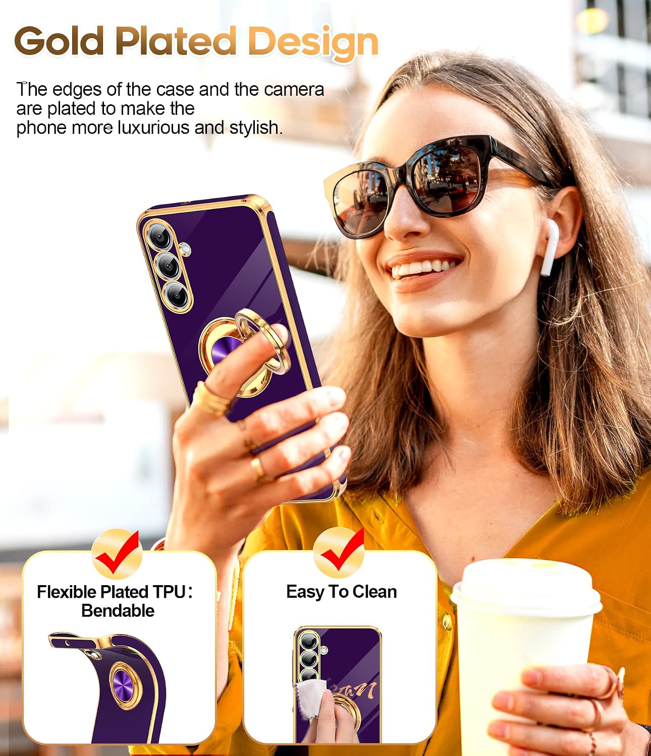Thumbnail 5 de LeYi Galaxy A16 5G Case (2-Pack) with Tempered Glass Screen Protectors and 360° Magnetic Ring Stand in Rose Gold Edge, Deep Purple