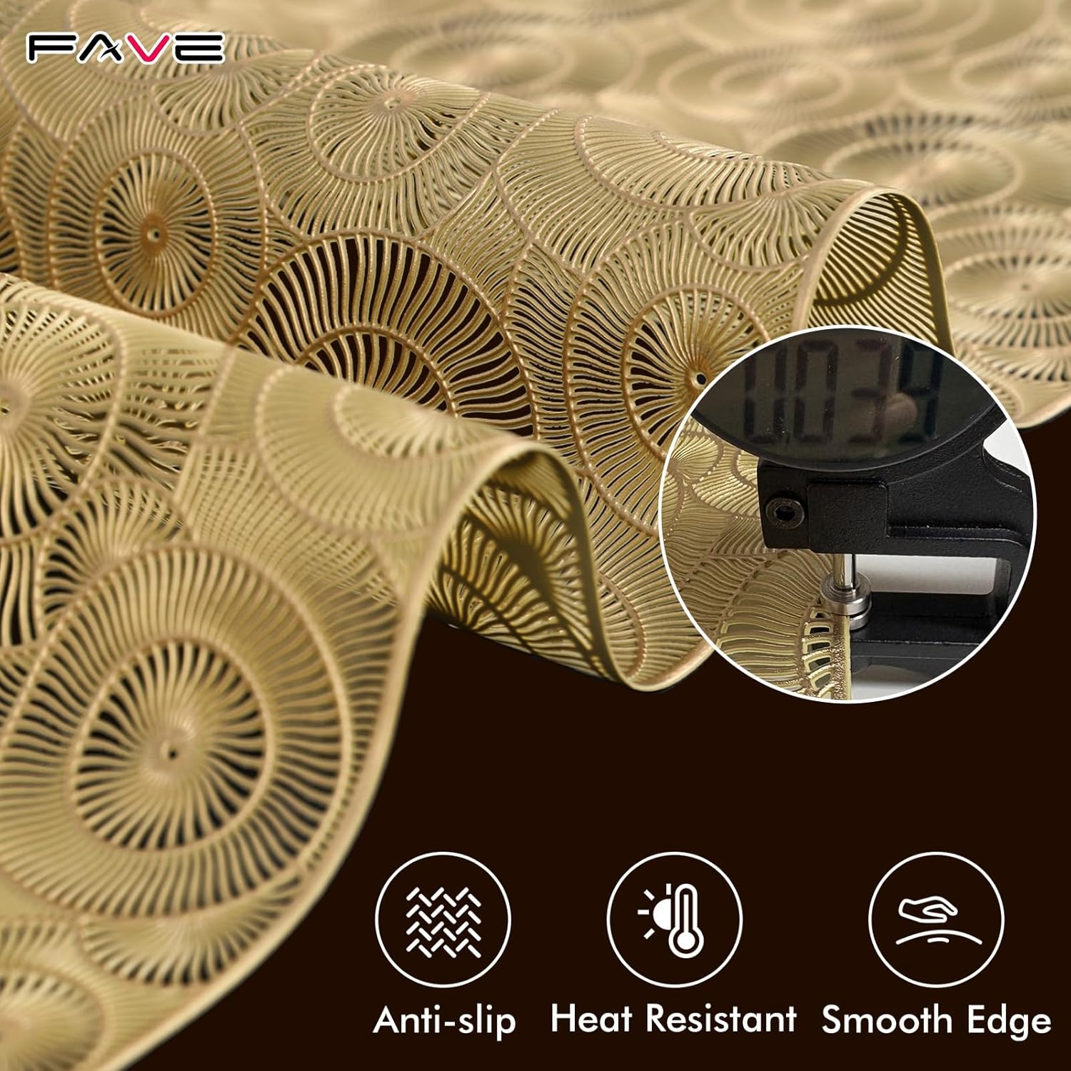 Detalle 1 de Gold vinyl table runner 36 inch heat-resistant