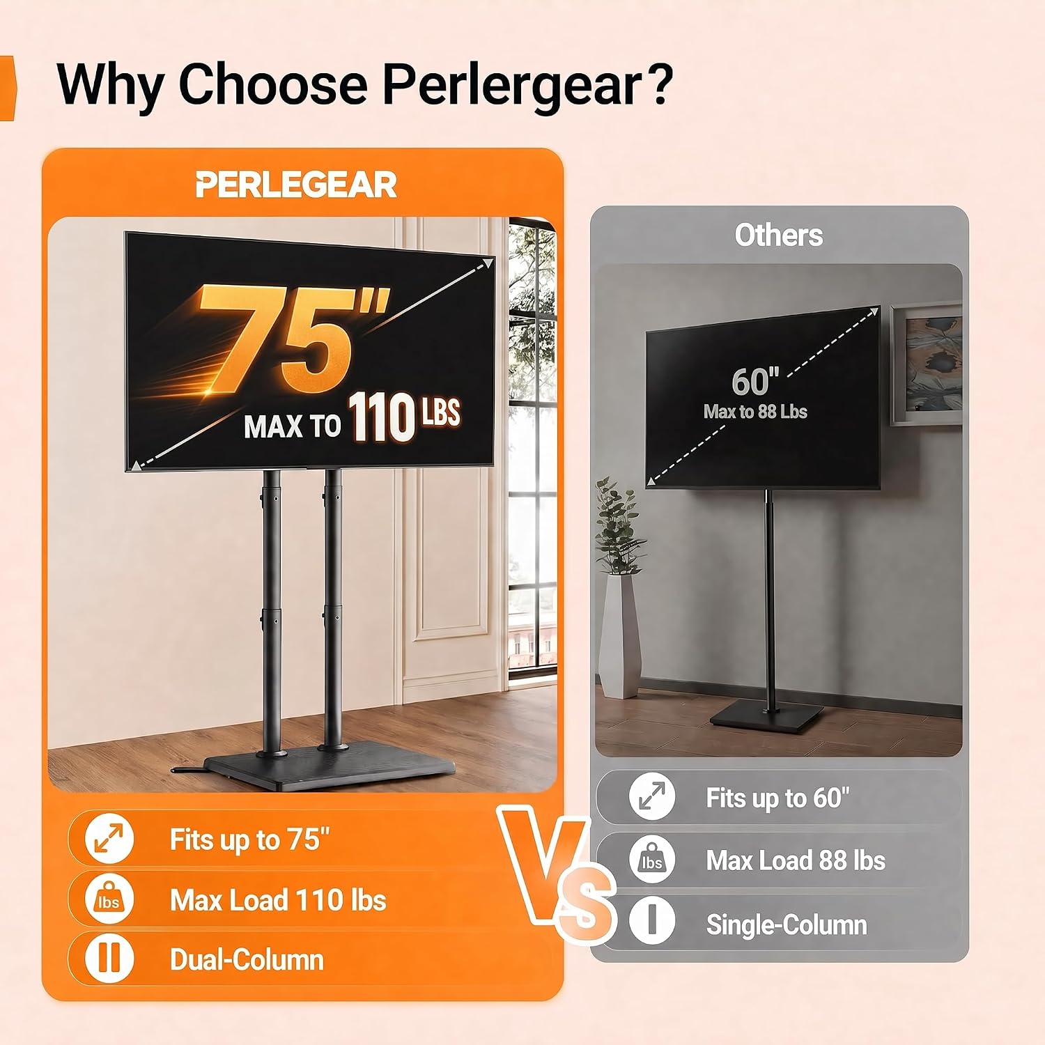 Thumbnail 4 de Perlegear PGFLS34B Floor TV Stand, 32–75-Inch TVs, Height-Adjustable, Swivel