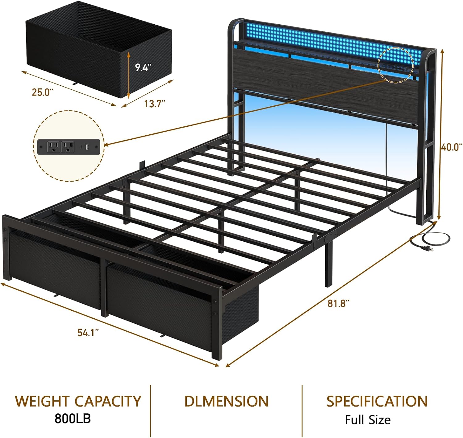 Thumbnail 1 de Furnulem HK-BF-001CLD-F-1-RG Full Bed Frame with Storage, Charging & RGB LEDs