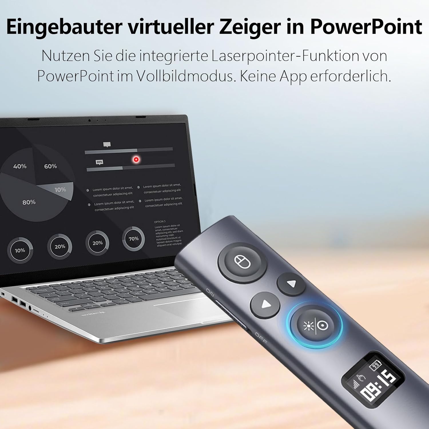 Detalle de Norwii N95s BLE Präsentations-Fernbedienung: Drahtloser Presenter mit digitalem Zeiger für PowerPoint (Grün, USB-AC)