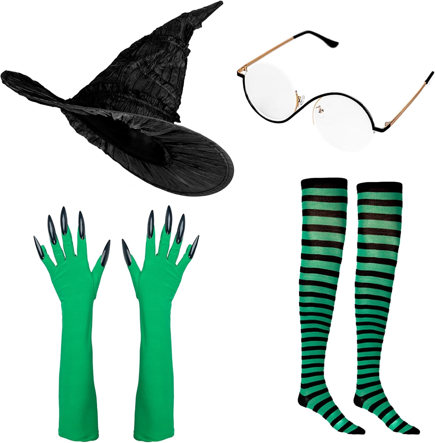 Detalle 2 de MORTICIA Hexe Kostüm Zubehör: Hut, Brille, grüne Handschuhe und gestreifte Socken – Halloween- und Cosplay-Set