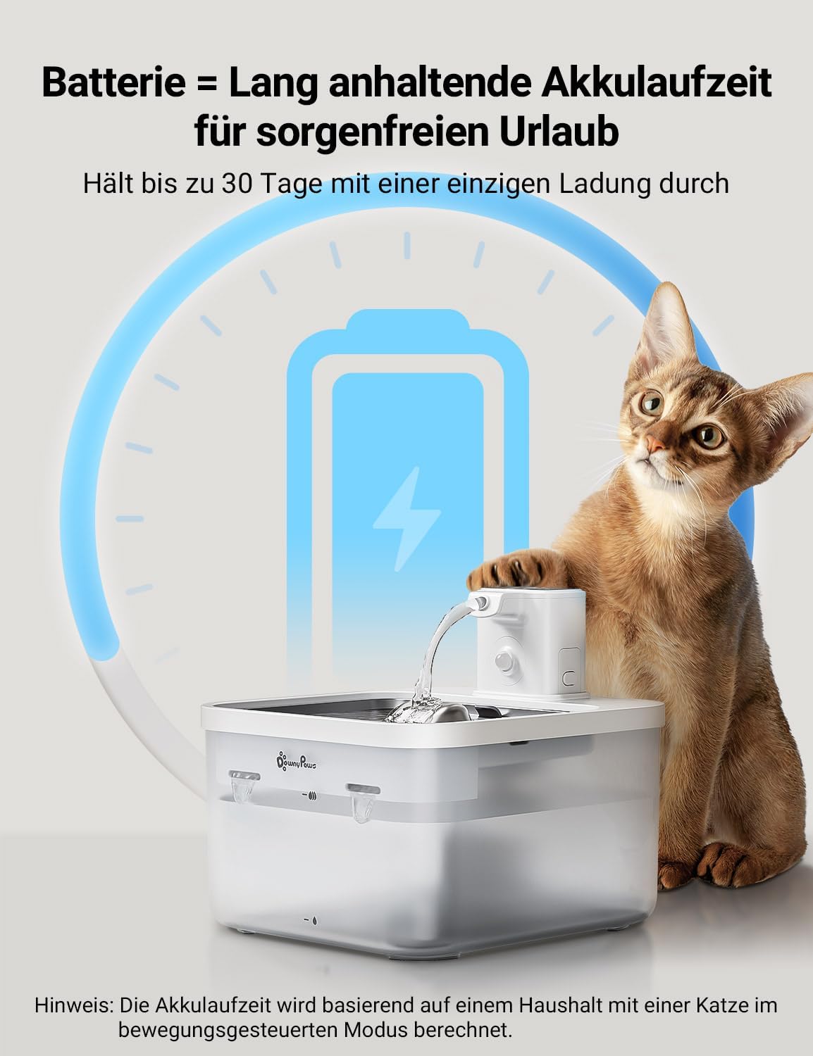 Detalle de DownyPaws Katzenbrunnen Kabellos 2,5L – Bewegungsmelder, Edelstahl, 4.000 mAh