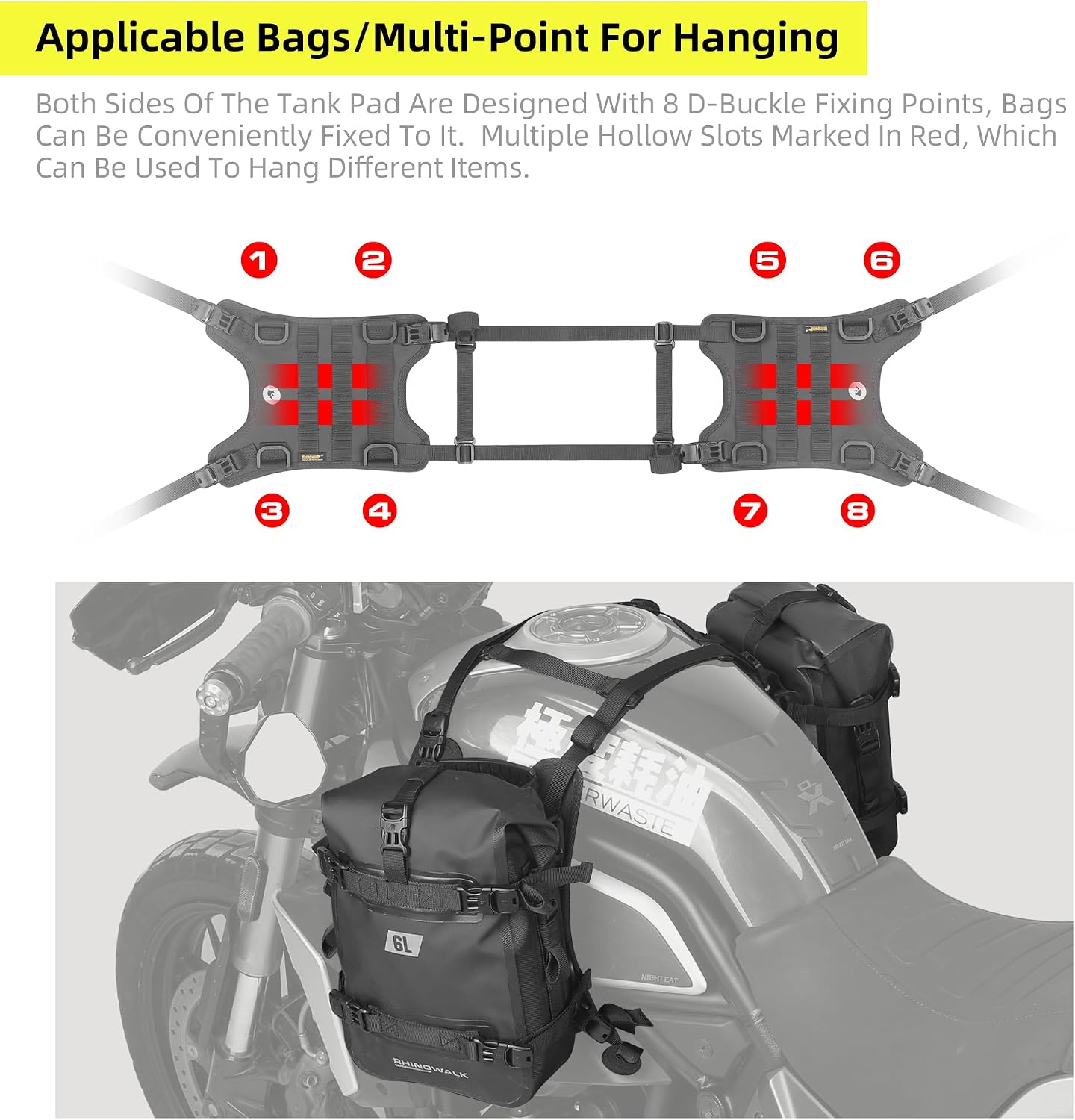 Detalle 2 de Rhinowalk universal motorcycle tank side bag mounting base (tank pad, quick-release straps, MOLLE, waterproof)