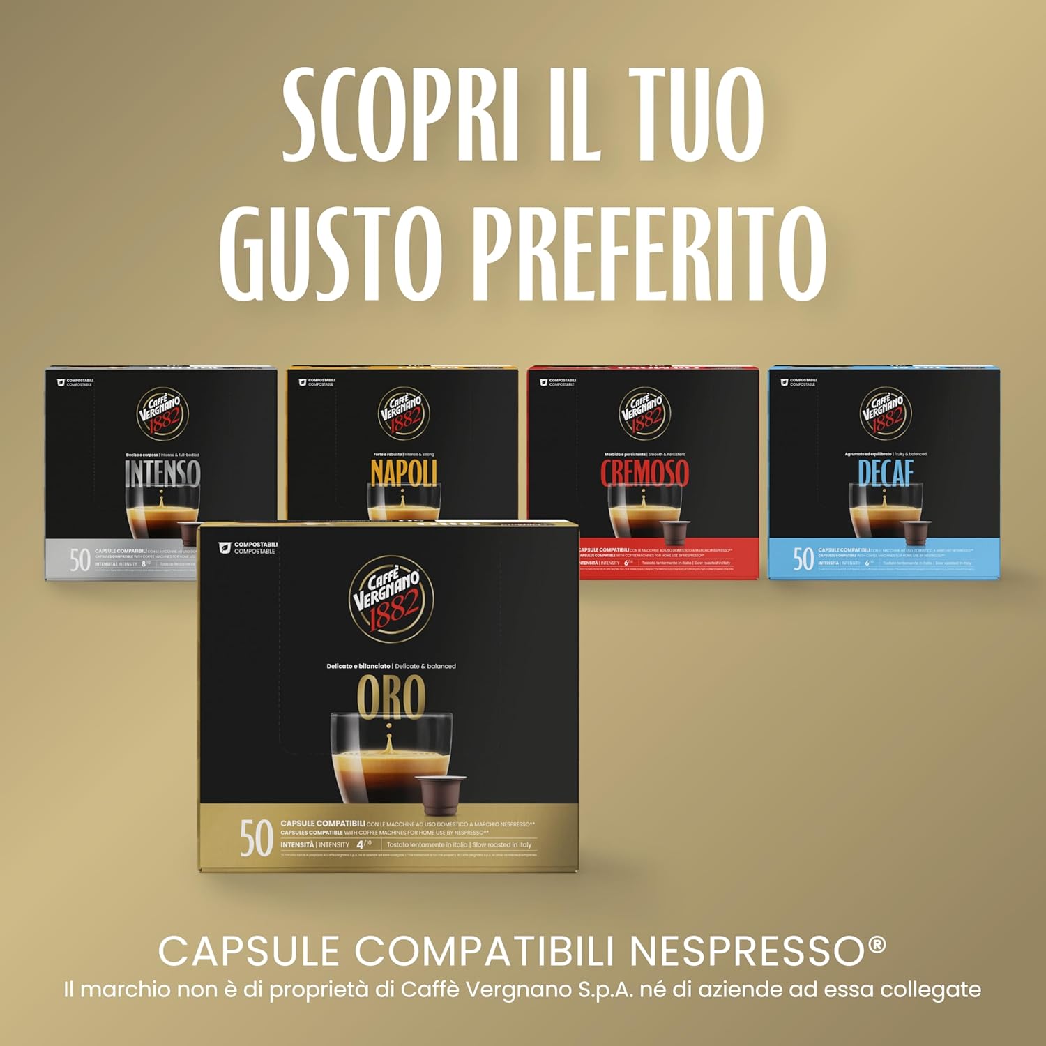 Detalle de Caffè Vergnano 1882 – 50 Capsule Oro: compatibile Nespresso ed Espresso1882, compostabili