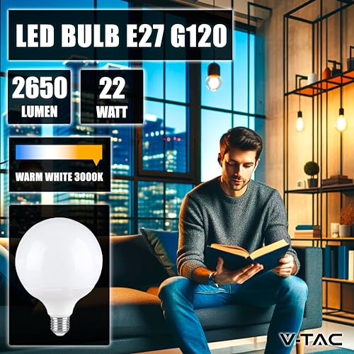 Detalle de V-TAC Bombilla LED Globo E27-22W (Equivalente a 155W) G120-2600 Lumen, 3000K – Máxima eficiencia para iluminación general