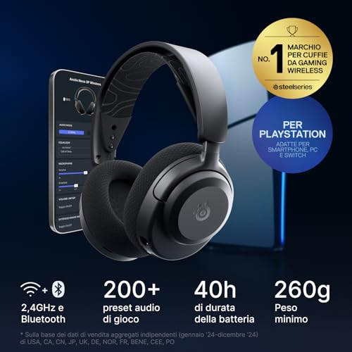 Detalle de SteelSeries Arctis Nova 3P: cuffie wireless multi‑piatto per giochi con controllo via app
