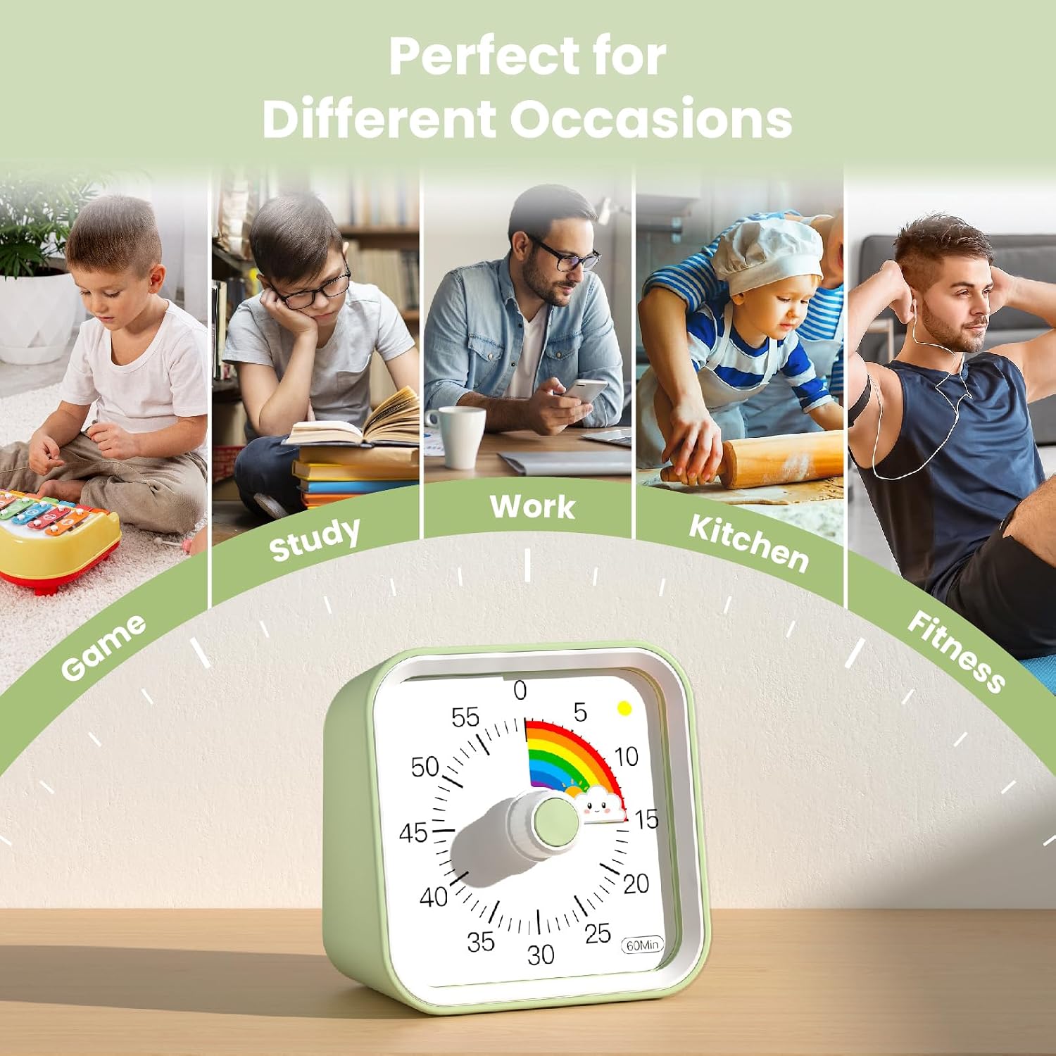 Detalle 2 de Visual Timer for Kids with Pause Function (Rainbow Green) – 60 Minute Visual Countdown