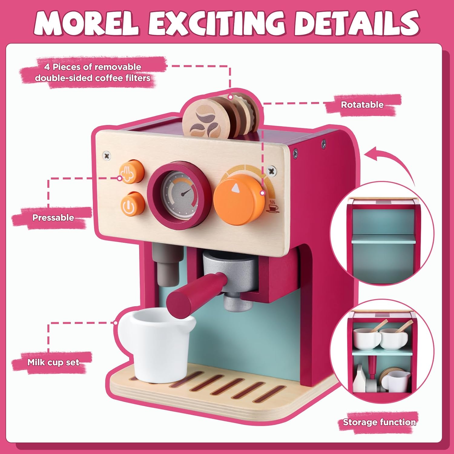 Detalle de GAGAKU Macchina da caffè per bambini in legno, gioco Montessori per bambini da 3 anni con brocca per latte e accessori