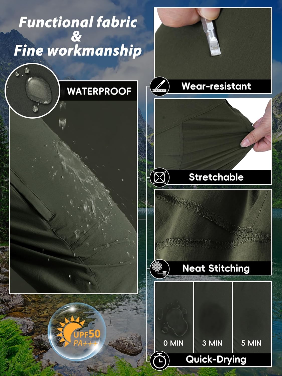 Thumbnail 4 de Mens Hiking Pants: Lightweight Cargo Work Pants with 6 Pockets and Waterproof Quick-Dry Nylon