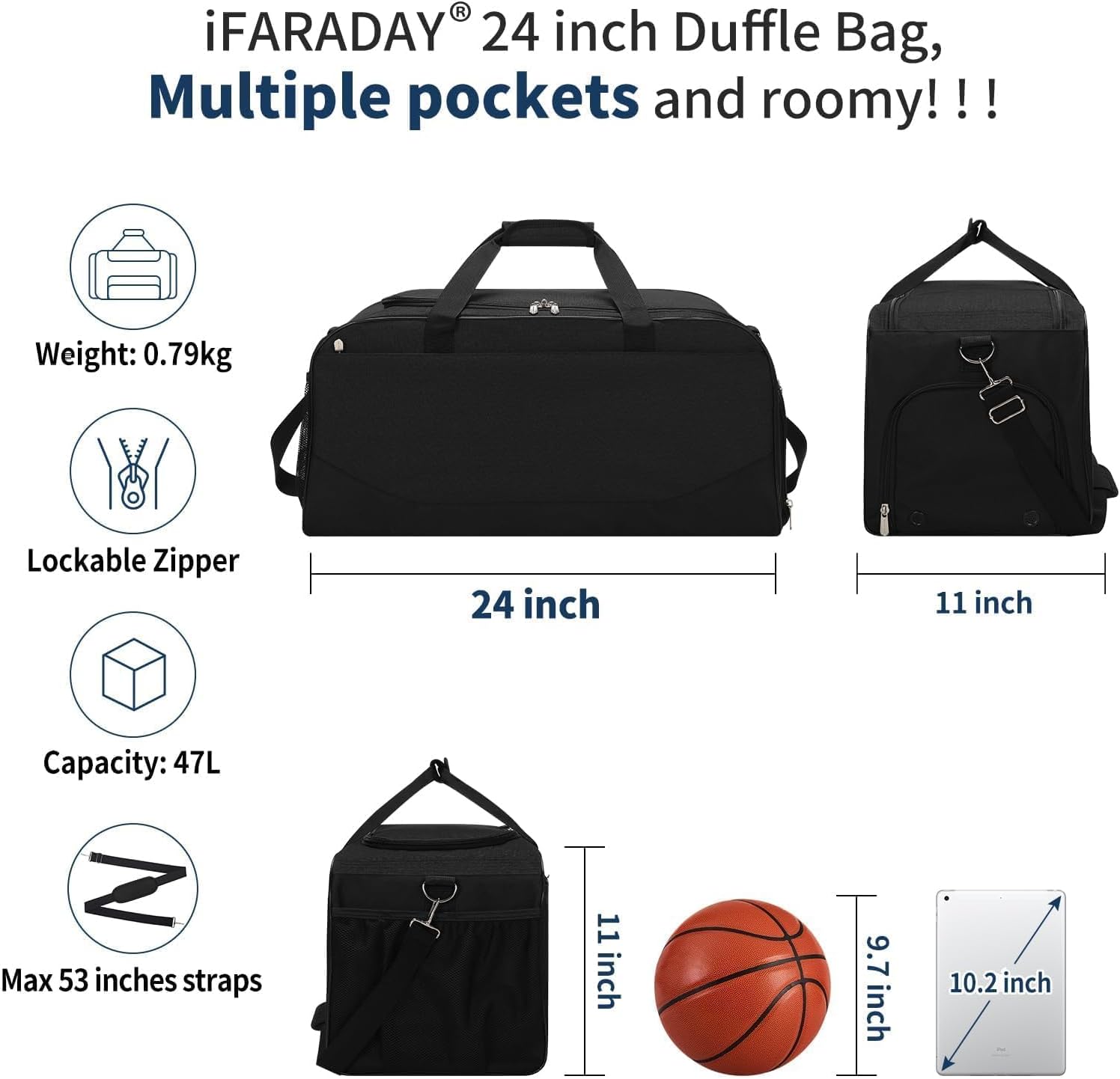 Detalle de LONALIA Sac de Sport 47L avec Compartiment à Chaussures – Noir, 61 × 28 × 28 cm