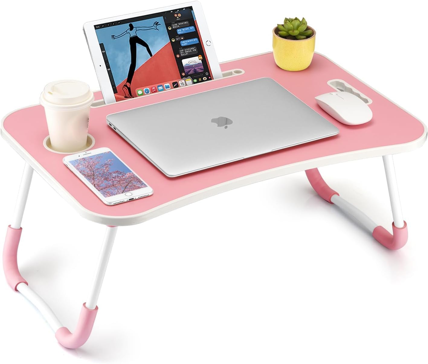 FISYOD FIS03 Foldable Laptop Table, Pink Lap Desk with Cup Holder