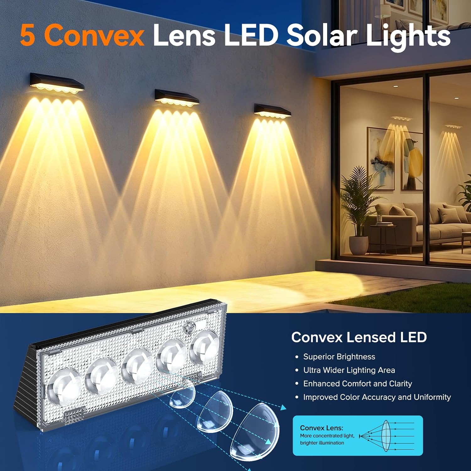 Detalle 2 de GEARLITE Solar Fence Lights 4-Pack with 5 Convex Lenses (9 Colours, 10 Modes)
