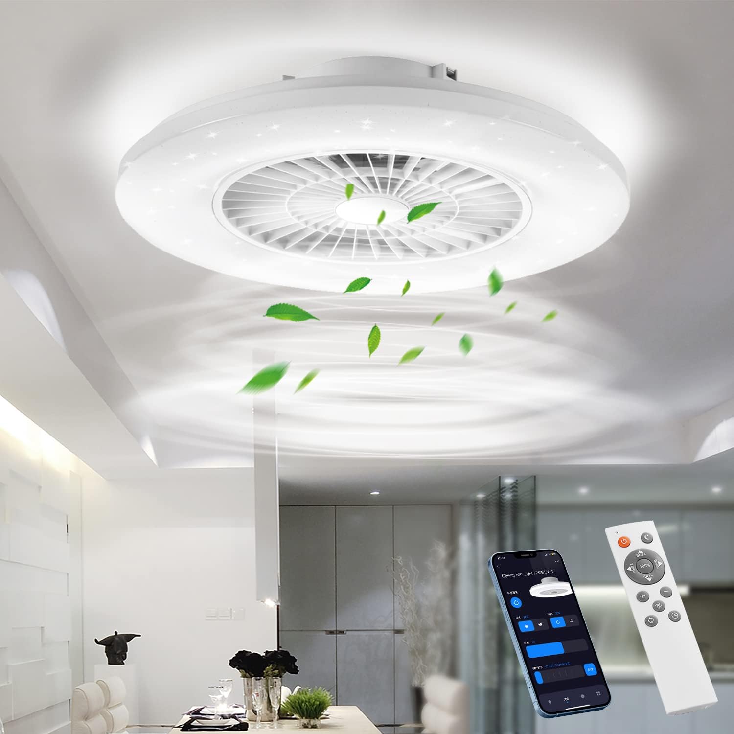 Detalle de BKZO moderne Smart-LED-Deckenleuchte mit Ventilator (60 cm) – App, Alexa/Google & stufenlos dimmbar