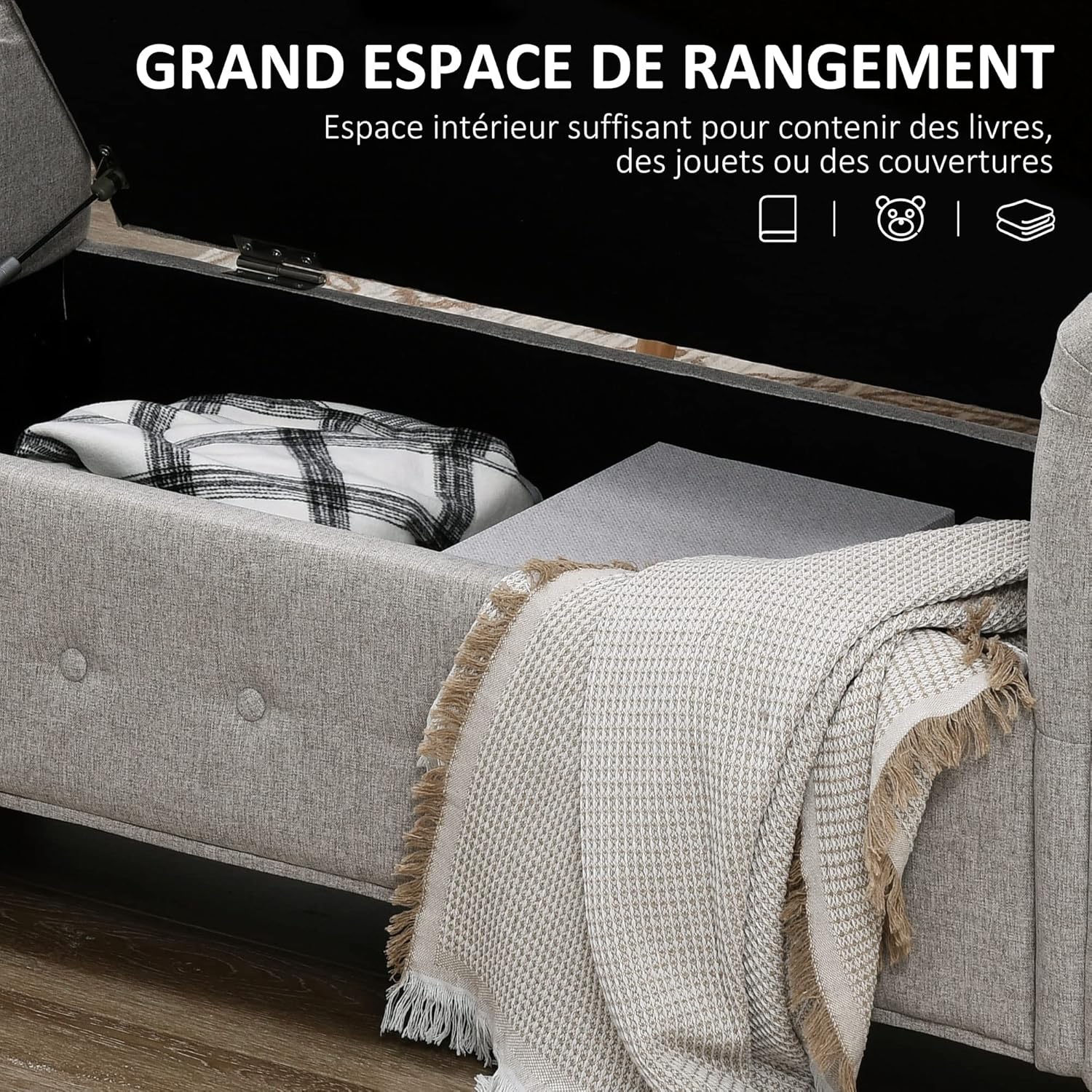 Thumbnail 3 de HOMCOM banc de rangement 146,5 x 49 x 72 cm avec coffre en tissu aspect lin et pieds en bois, gris