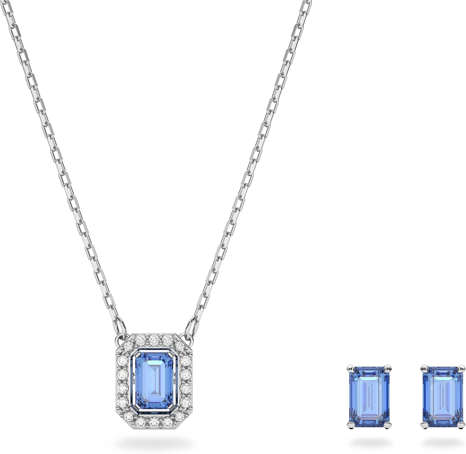 Detalle de Swarovski Una Kollektion Set – Rhodiniert, blaue Kristalle, 38 cm Halskette + 1 cm Ohrringe
