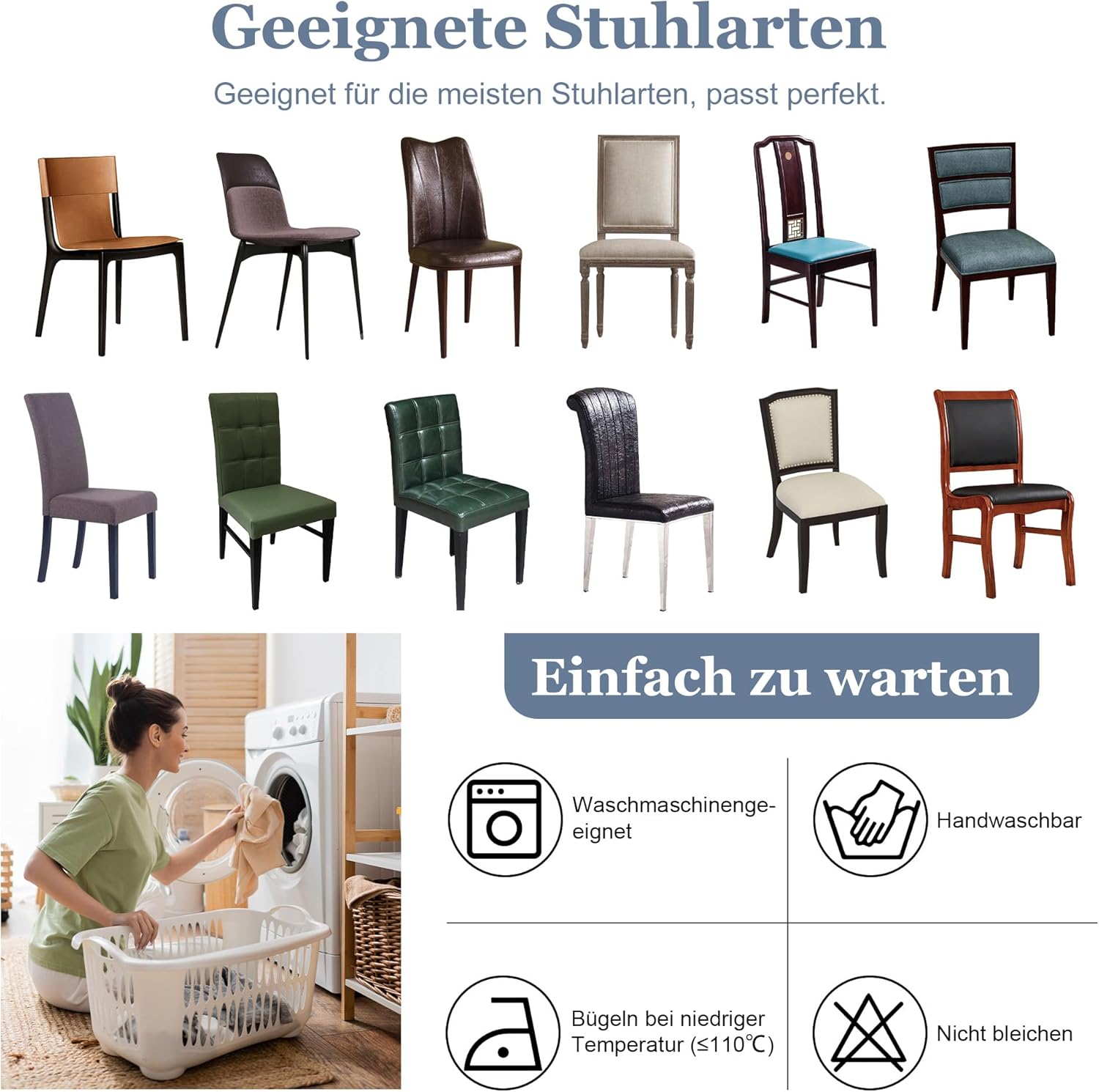 Thumbnail 6 de SUKAIKEQA Dehnbarer Stuhlbezug – Set 4/6/8 Stück Blau (Milk Silk Treasure) für Hochstuhl, Bürostuhl, Wohnzimmer