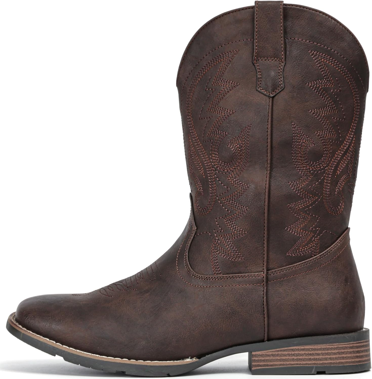 Detalle de IUV Men’s Cowboy Boots with Wide Square Toe, Western Embroidery, Pull-On Slip-Resistant Sole