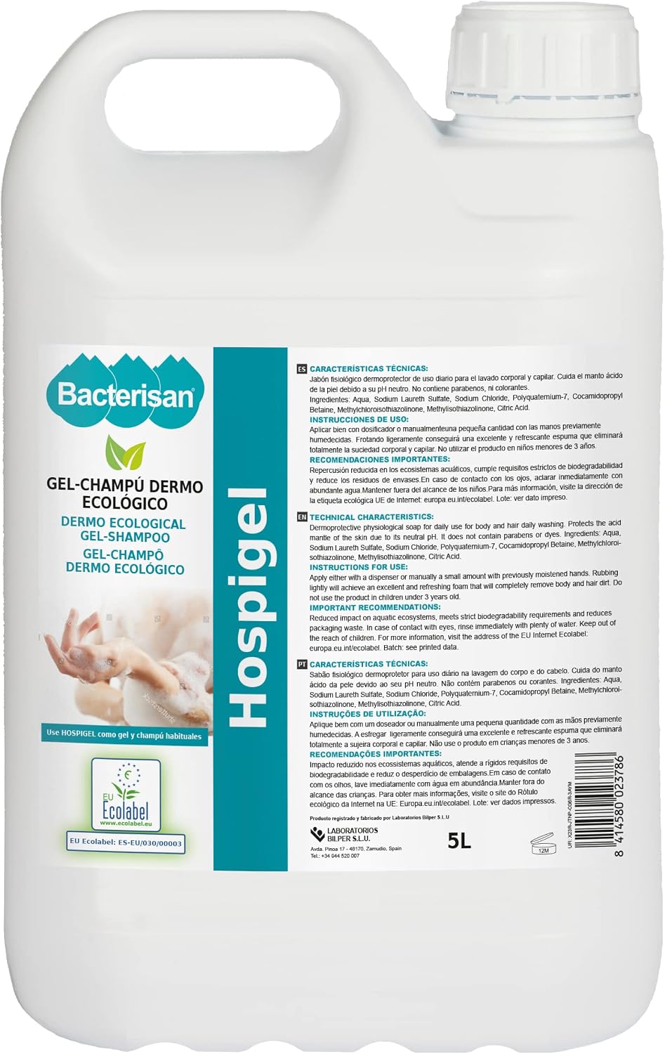 Detalle de BACTERISAN Hospigel 5L: Gel shampoo dermo-ecologico, ph neutro e biologico per uso quotidiano