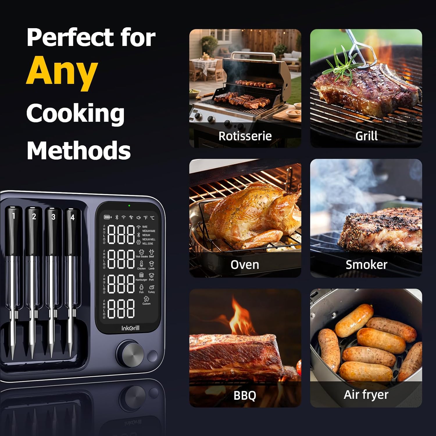 Thumbnail 6 de InkGrill Wireless Meat Thermometer with APP Control — 4 Probes, Dual-Sensor Probes, IP67, and Magnetic Base