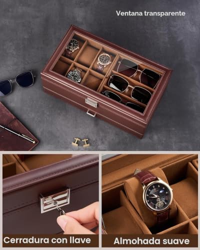 Detalle de ProCase Caja Joyero para Hombres: Organizador de Relojes y Accesorios con Cerradura y Tapa de Cristal