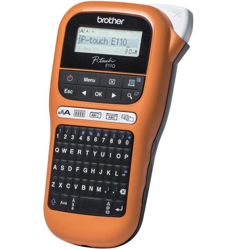 Detalle de Brother PT-E110: Impresora de transferencia térmica para etiquetas duraderas en color negro/naranja