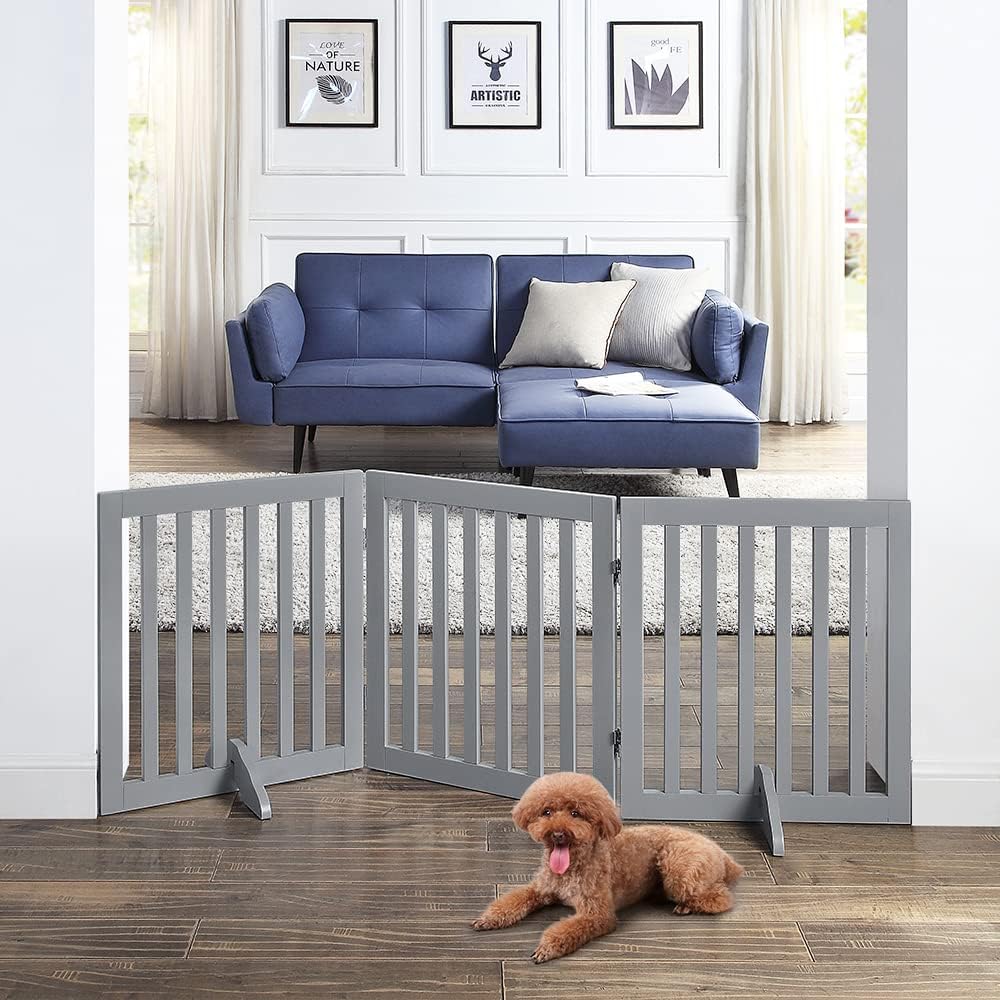 Detalle 2 de unipaws Wooden Dog Gate: Freestanding, Foldable 3-Panel Pet Fence (61cm H, Light Grey)