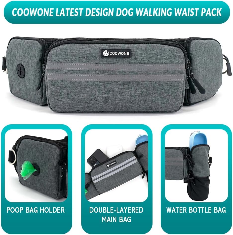Detalle 2 de Leckerlitasche für Hunde mit Bauchtasche, reflektierende Bungee-Waist-Leine & Kotbeutelspender (Grau, mit 2 Hundeleinen)