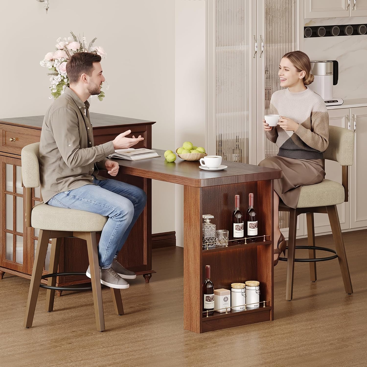 Thumbnail 5 de MALOL BSW37 Swivel Bar Stools, Set of 2, Camel Fabric, Solid Wood Legs