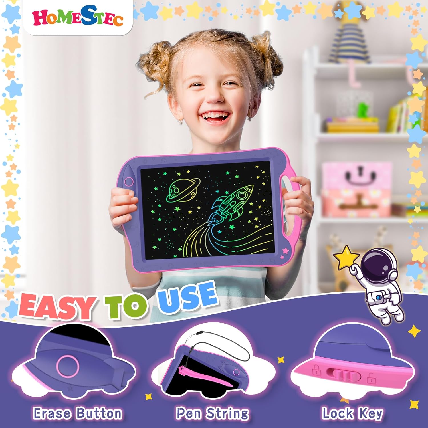 Detalle 2 de HOMESTEC AstroDraw tavoletta grafica bambini a tema spaziale con manico (rosa) LCD