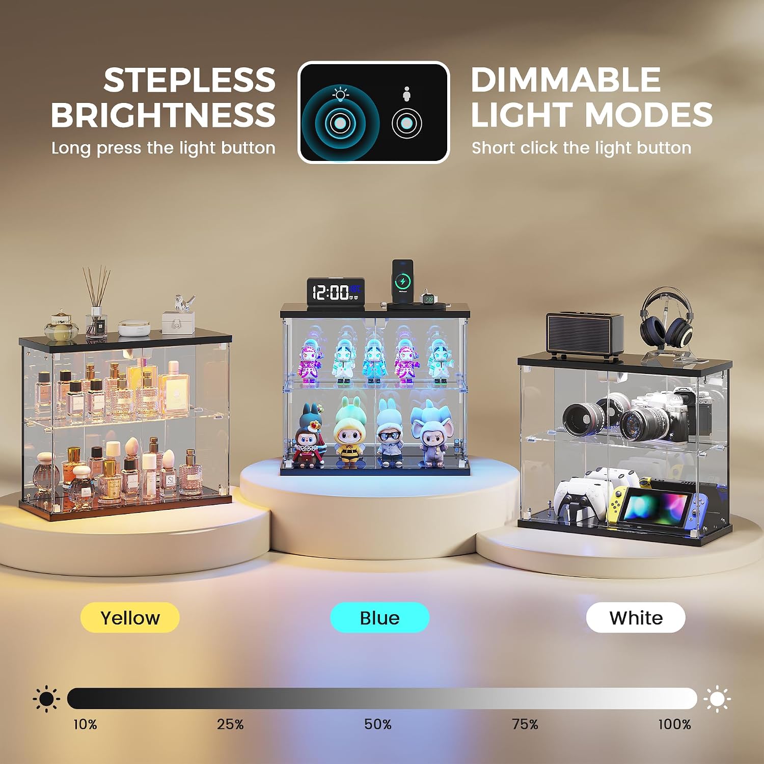 Detalle de Dystler Glass Display Case with LED Lights, Motion Sensor, and USB-C Charger (Small 2-Tier)