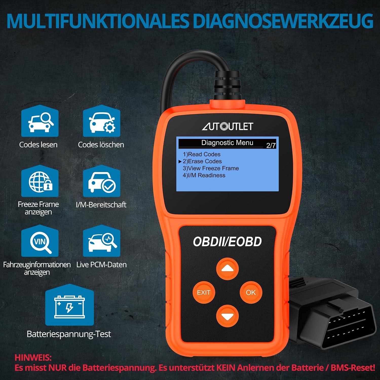 Thumbnail 1 de AUTOUTLET OBD2 Diagnosegerät (OBDII/EOBD), Codeleser mit DTC-Definition, 10 Sprachen, Daten in Echtzeit