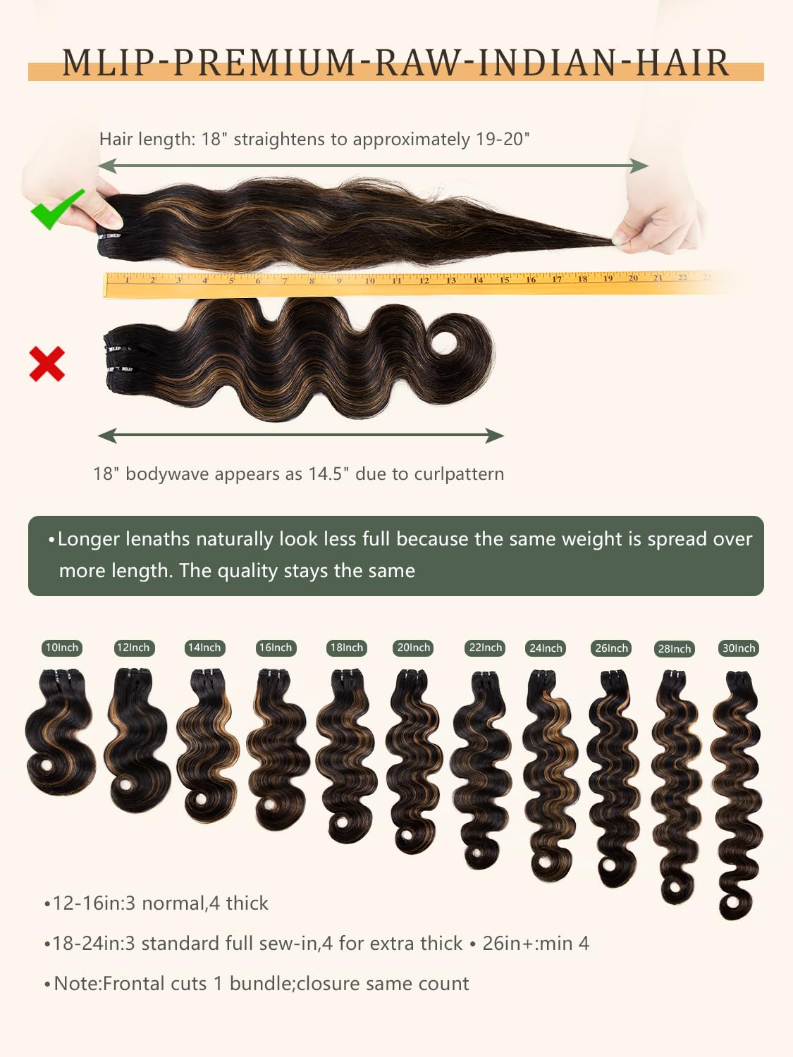 Thumbnail 3 de MLIP Raw Indian Human Hair Body Wave (3 Bundles) — 100% Unprocessed, Near-Zero Tangle & Shedding, 24–28 in