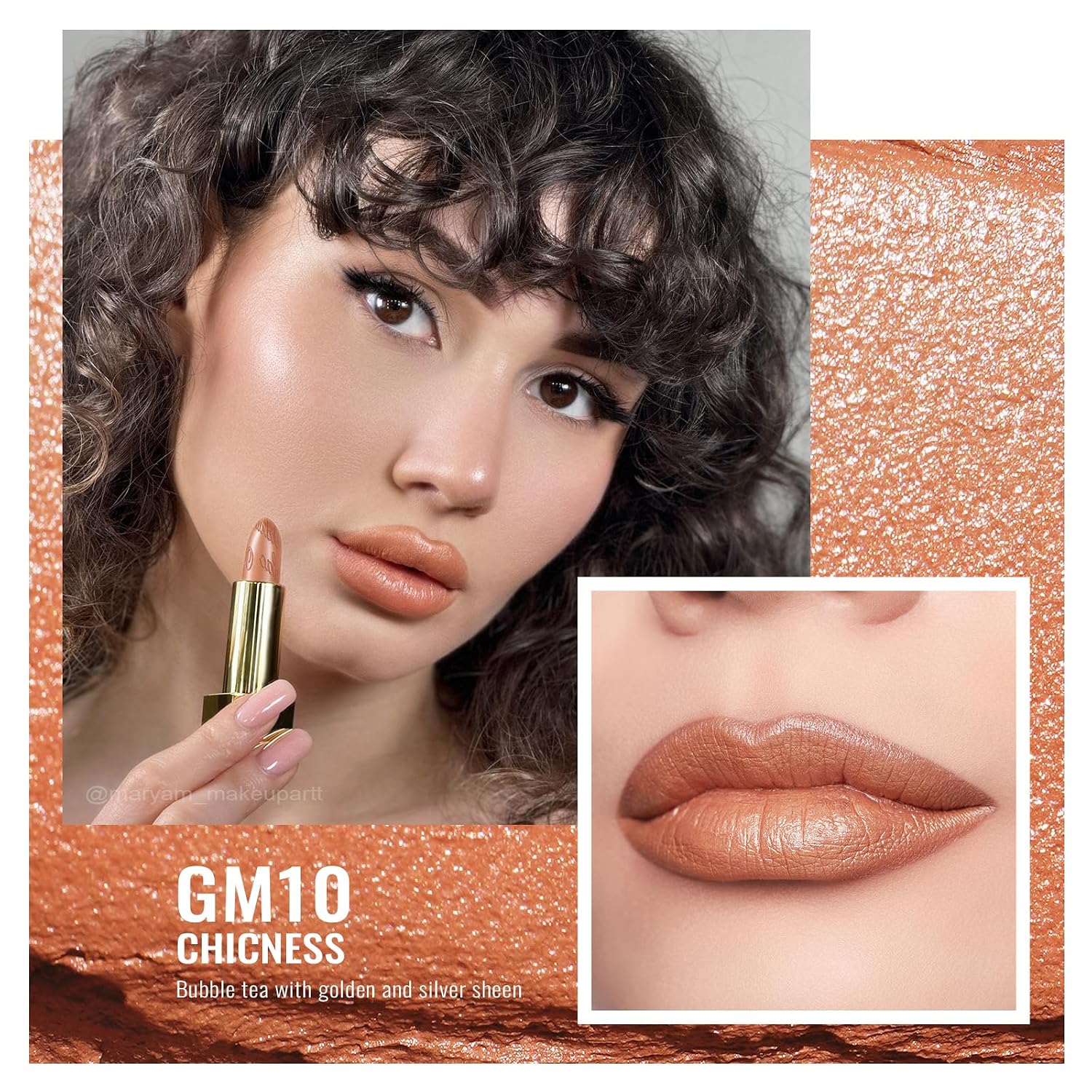Detalle de OULAC Metallic Glanz Lippenstift „Champagner“ – veganer Lippenstift mit perlenden Schimmerpigmenten