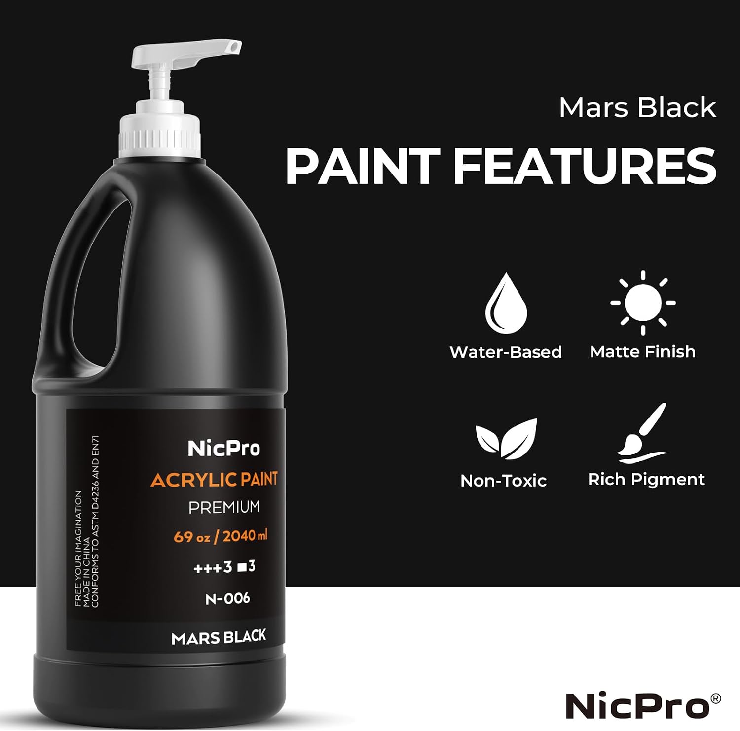 Detalle 2 de Nicpro Black Acrylic Paint Set, 2040 ml – Large Pump Bottle for Multi-Surface Crafting (Non-Toxic)