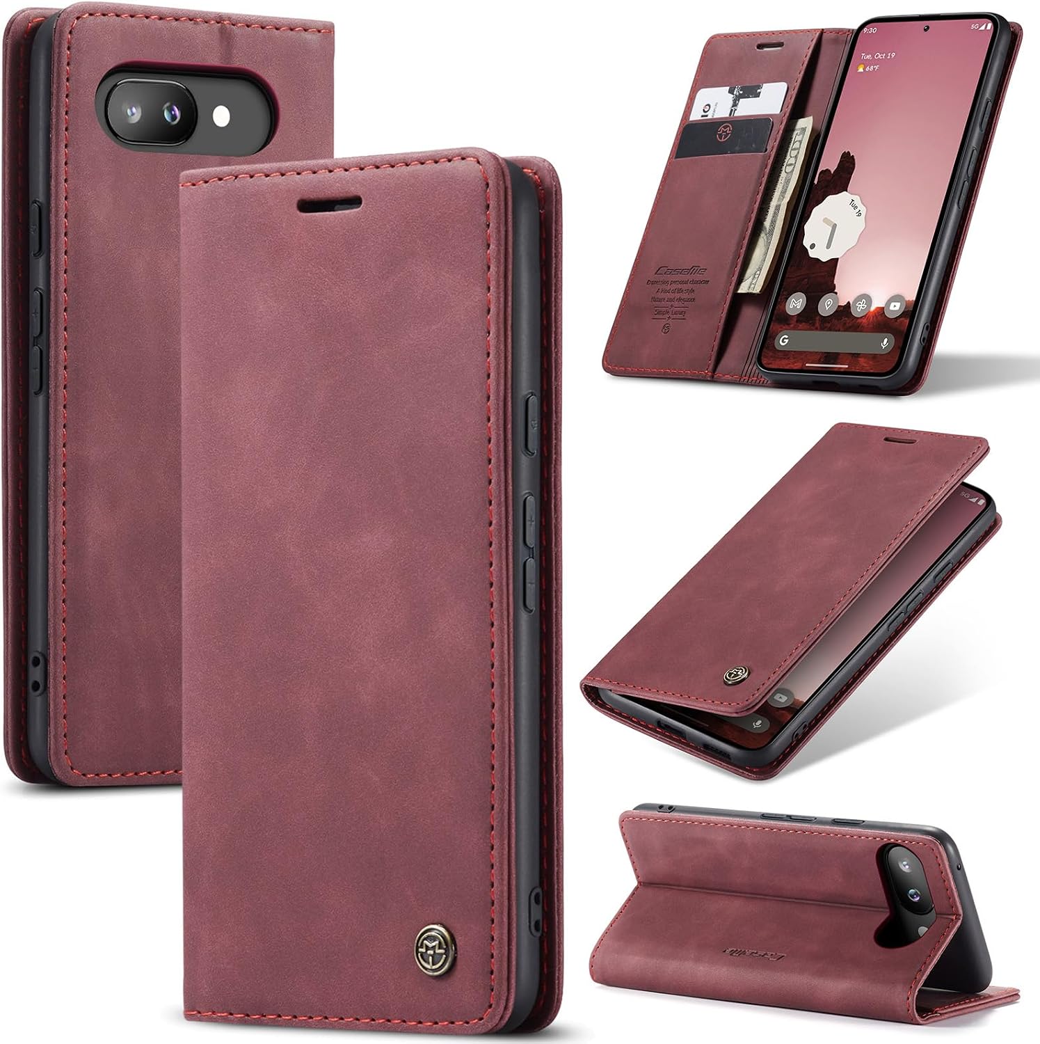 Detalle de Ottcooed Premium Leder Flip Case für Google Pixel 9a – Weinrot, Magnetverschluss, Standfunktion & Kartenfach