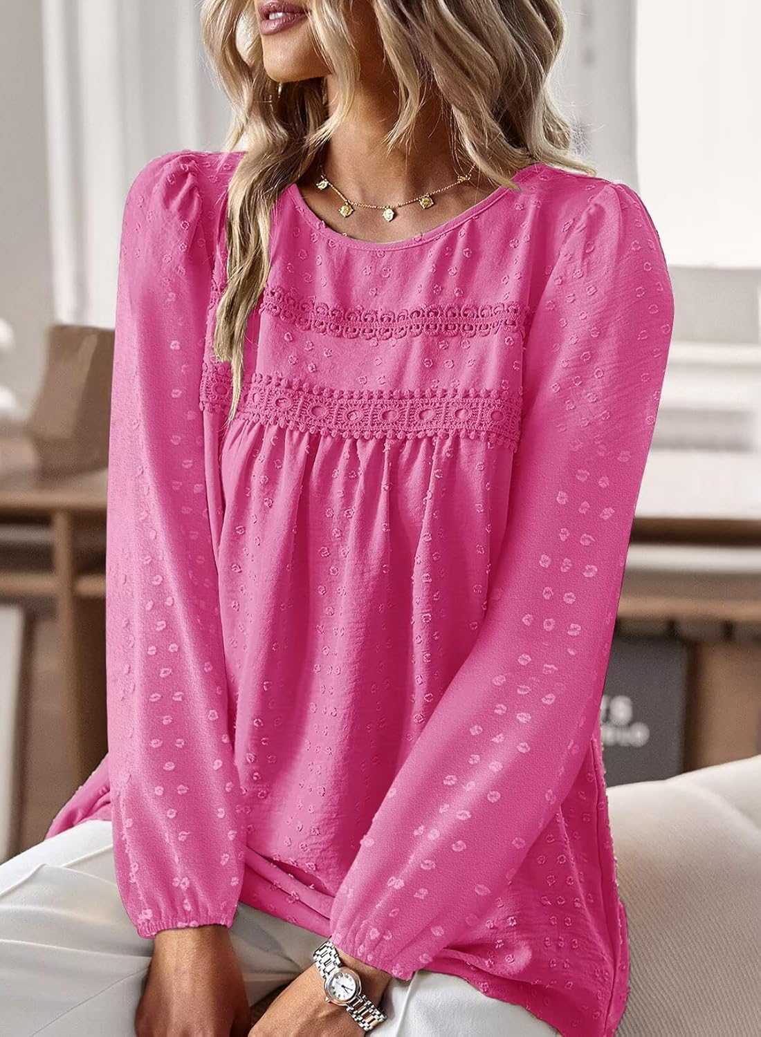 Thumbnail 1 de TUUHAW Damen Langarmshirt Boho Top mit Rundhalsausschnitt und Spitzeneinsätzen