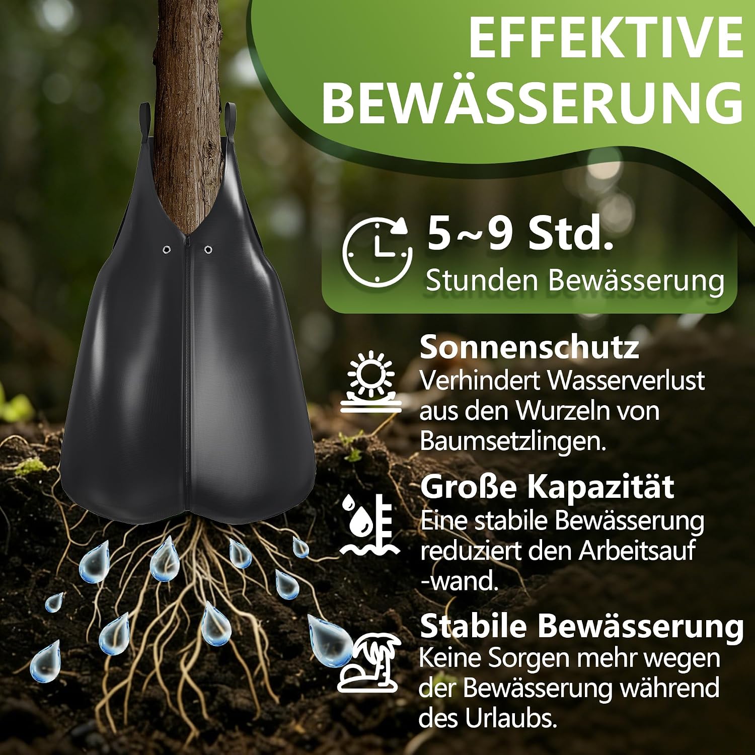 Detalle 2 de UISEBRT 75 L Tree Watering Bags, UV-Resistant PVC, Zip Closure, Set of 5