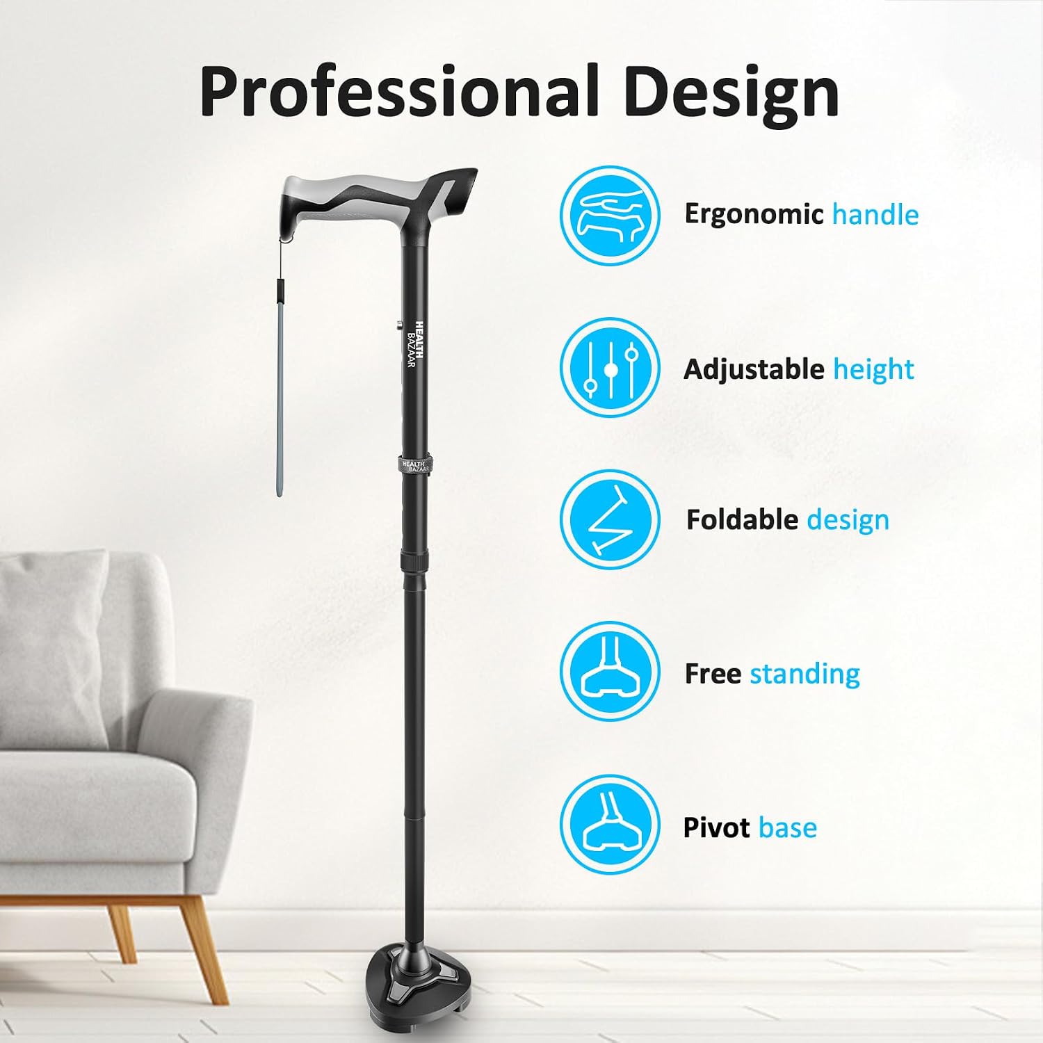 Thumbnail 1 de HEALTHBAZAAR RH1615 TRIGRIP Folding Cane, 8 Height Settings, Pivot Base, Natural Black