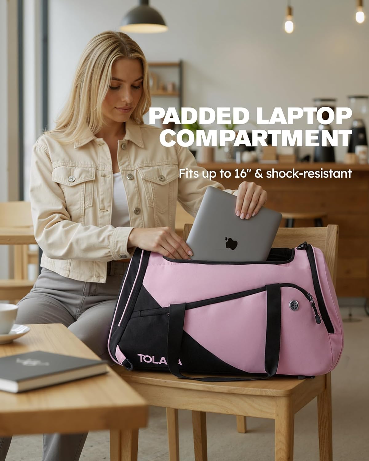 Detalle 2 de Tolaccea Sporttasche 47L – Damen & Herren, Schuhfach, Nassfach, 3-in-1 Tragemodi, Schwarz-Rosa