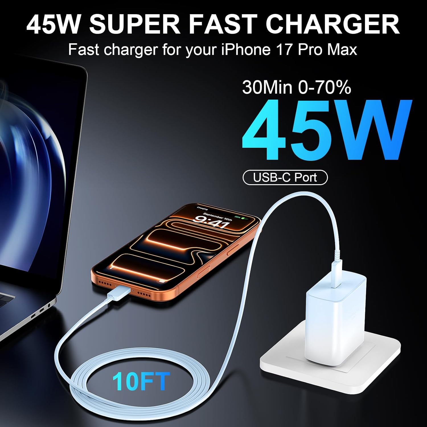 Detalle de Phone 16 Pro Max Charger Fast Charging – 45W USB-C Block + 10ft Cable