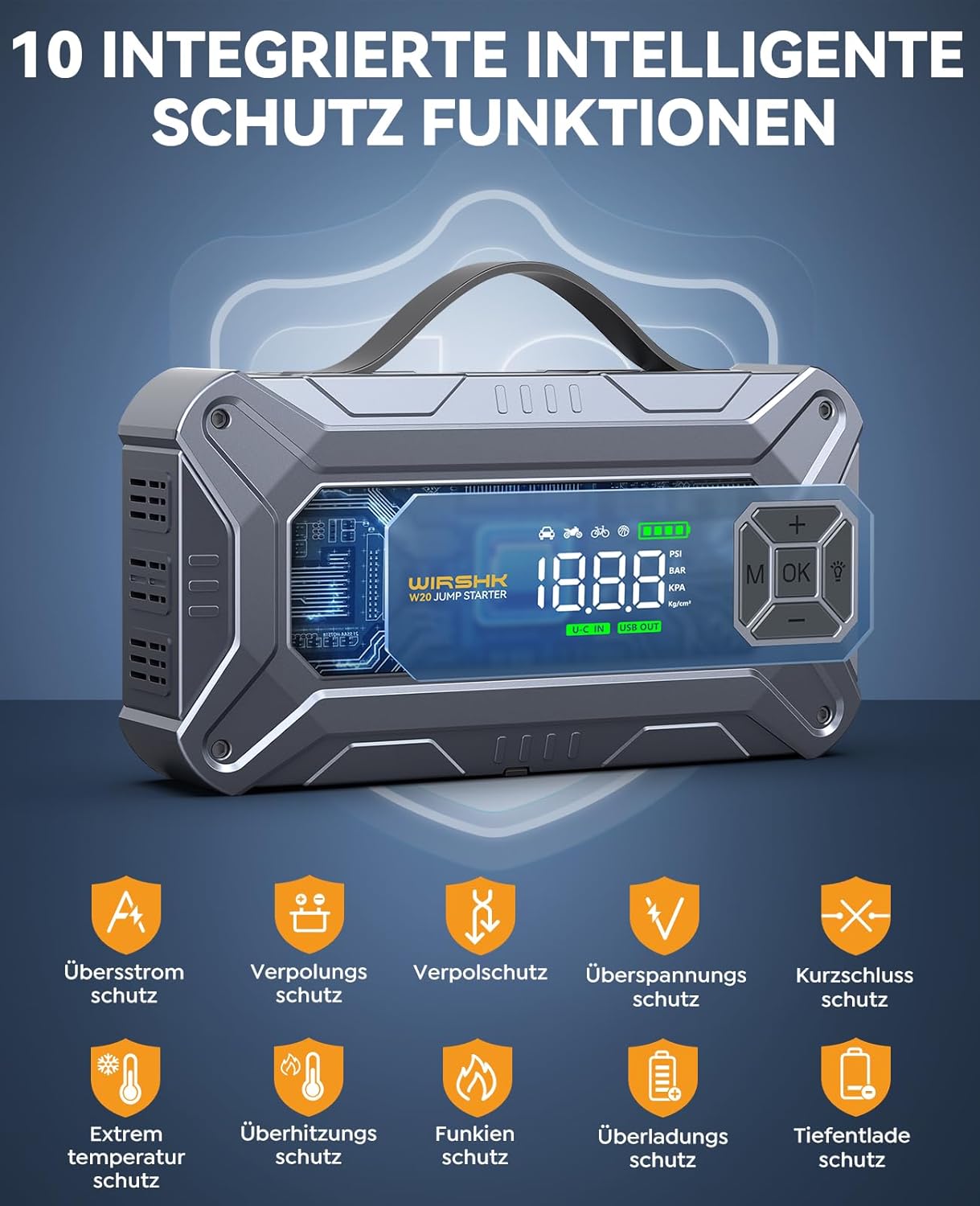 Thumbnail 5 de WIRSHK Batterie Booster 8000A mit Luftpumpe (160 PSI), Display & Notleuchte