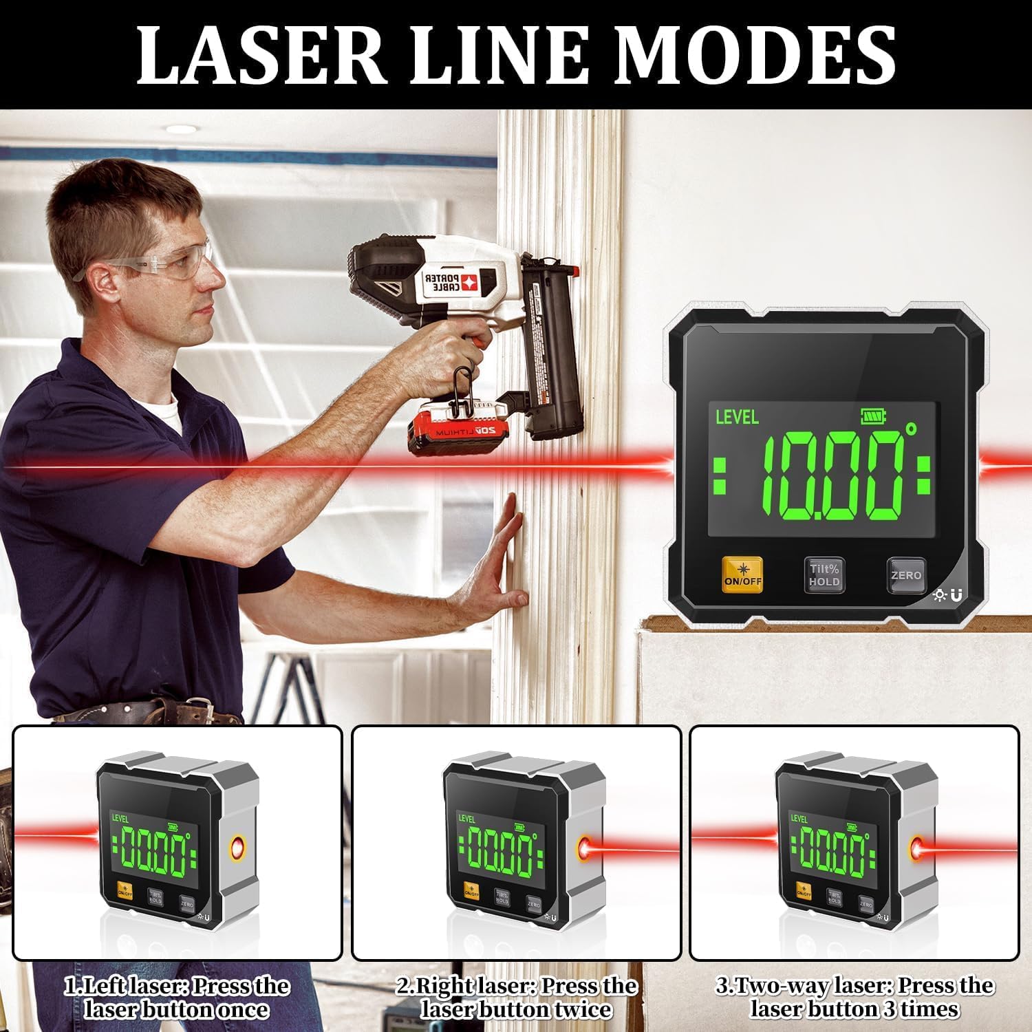 Thumbnail 2 de 4-seitiger magnetischer digitaler Winkelmesser mit Laser und ±0,2° Präzision (IP54) – Neigungsmesser mit LCD für Bau, Maschinen & DIY