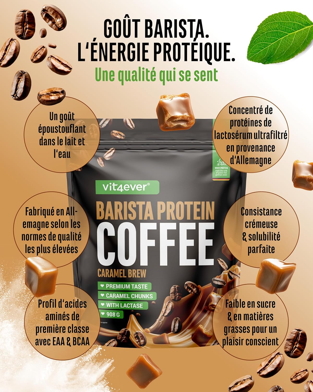 Detalle de Vit4ever Barista Protein Coffee Caramel Brew (908 g) – café protéiné crémeux au caramel, jusqu’à 20 g de protéines