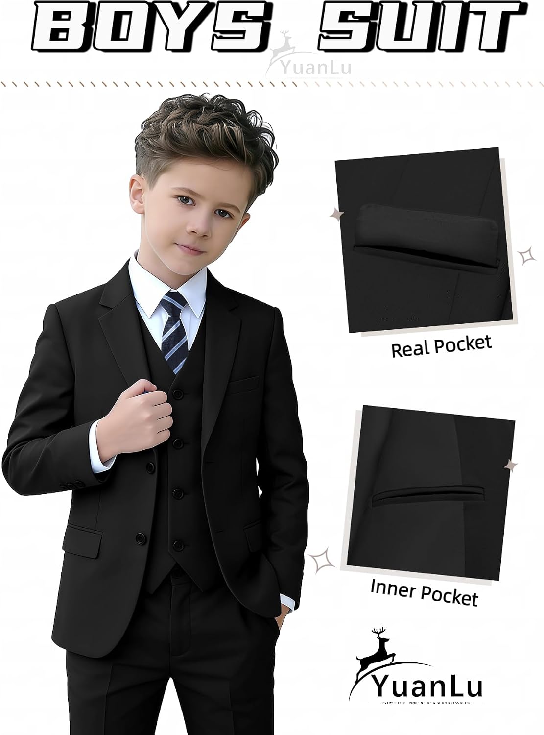 Detalle de YuanLu Boys Slim Fit Suit, Black Kids Tuxedo Set with Adjustable Waist