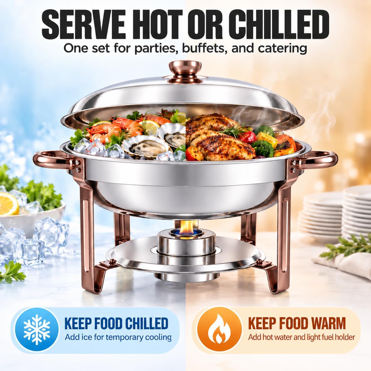 Detalle 2 de CAMMOO 4 Pack Round Chafing Dishes for Buffet, Rose Gold, 6 QT Stainless Steel